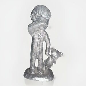 Michael Ricker Pewter Sleepy Little Boy with Teddy Bear Figurine Child Pajamas